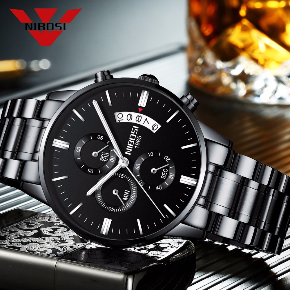 Luxury Watch Mockup - NIBOSI czarny zegarek kwarcowy ze stali