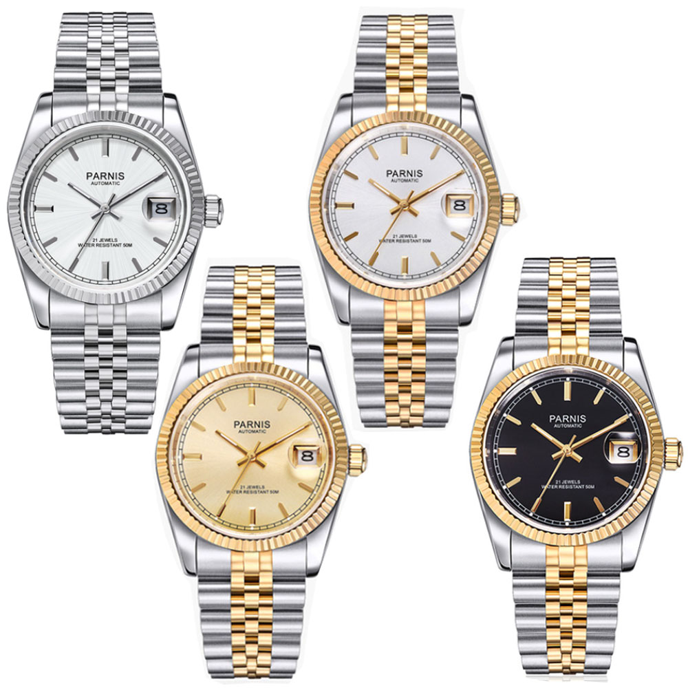 Luxury Watch Gold And Black - Parnis 36mm Męski Zegarek Automatyczny Miyota