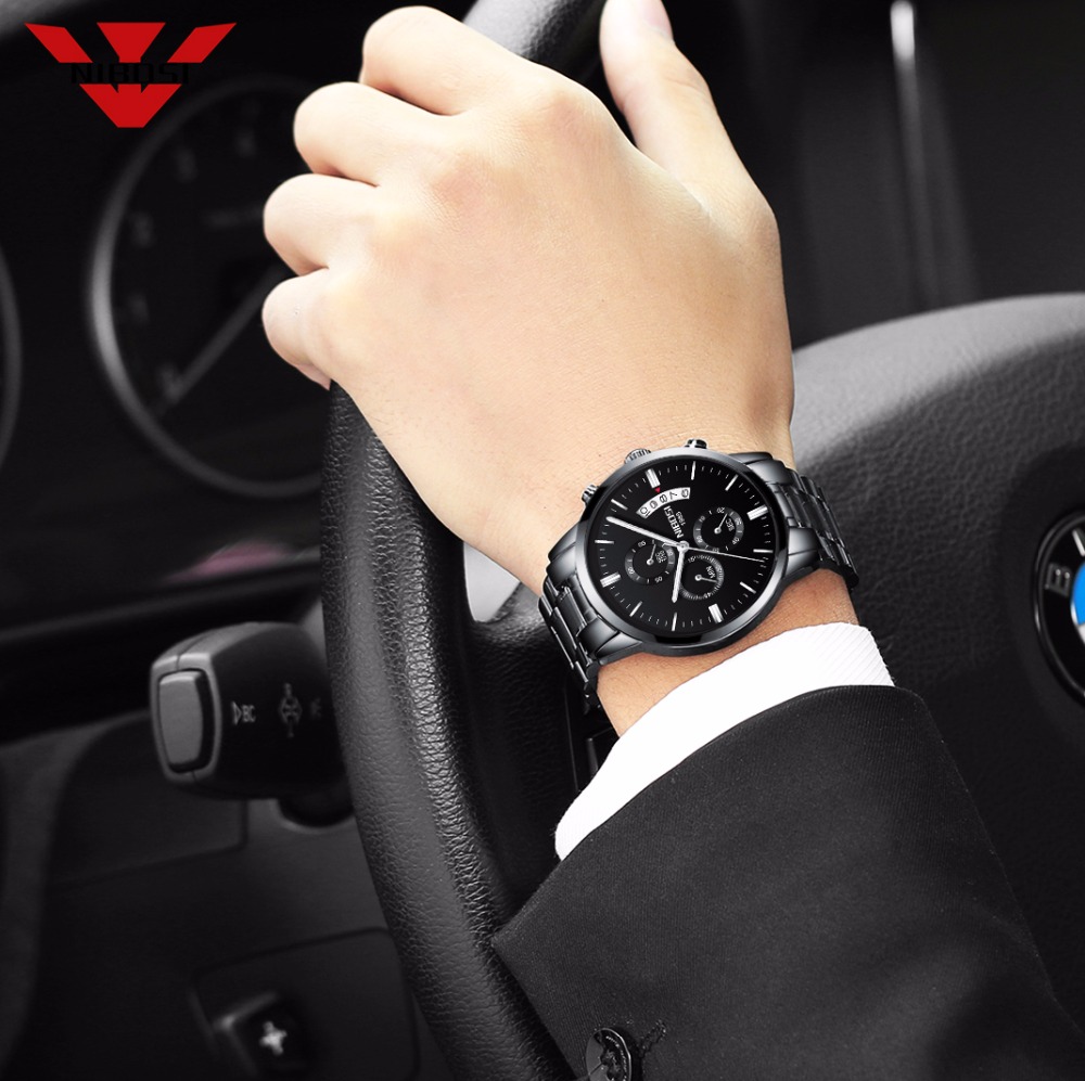 NIBOSI czarny zegarek kwarcowy – Luxury Watch Mockup recenzja i cena