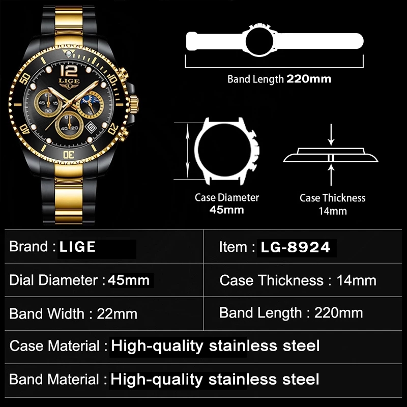 LIGE moda czarny złoty zegar T – Luxury Watch Gold And Black recenzja i cena